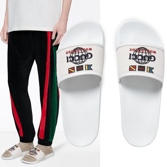 GUCCI SHOES MENS PURSUIT SLIDES WORLDWIDE EMBROIDERED LOGO FLIP FLOPS 8G US8-8.5 - Picture 1 of 14